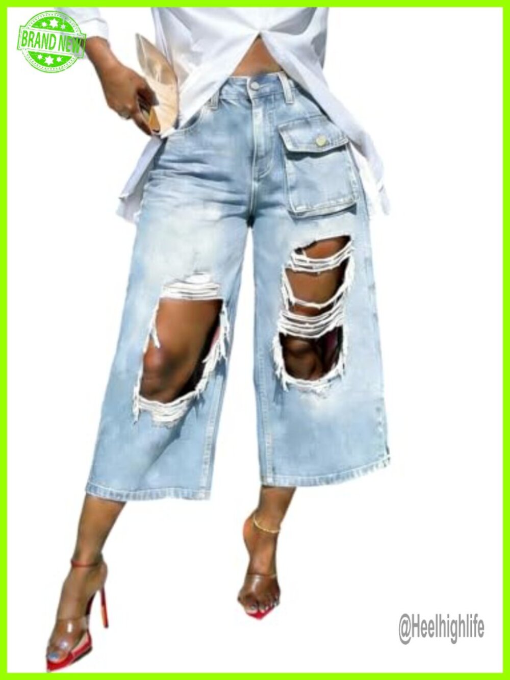 High Waist Ripped Capri Wide Leg Cargo Denim Cropped Pants